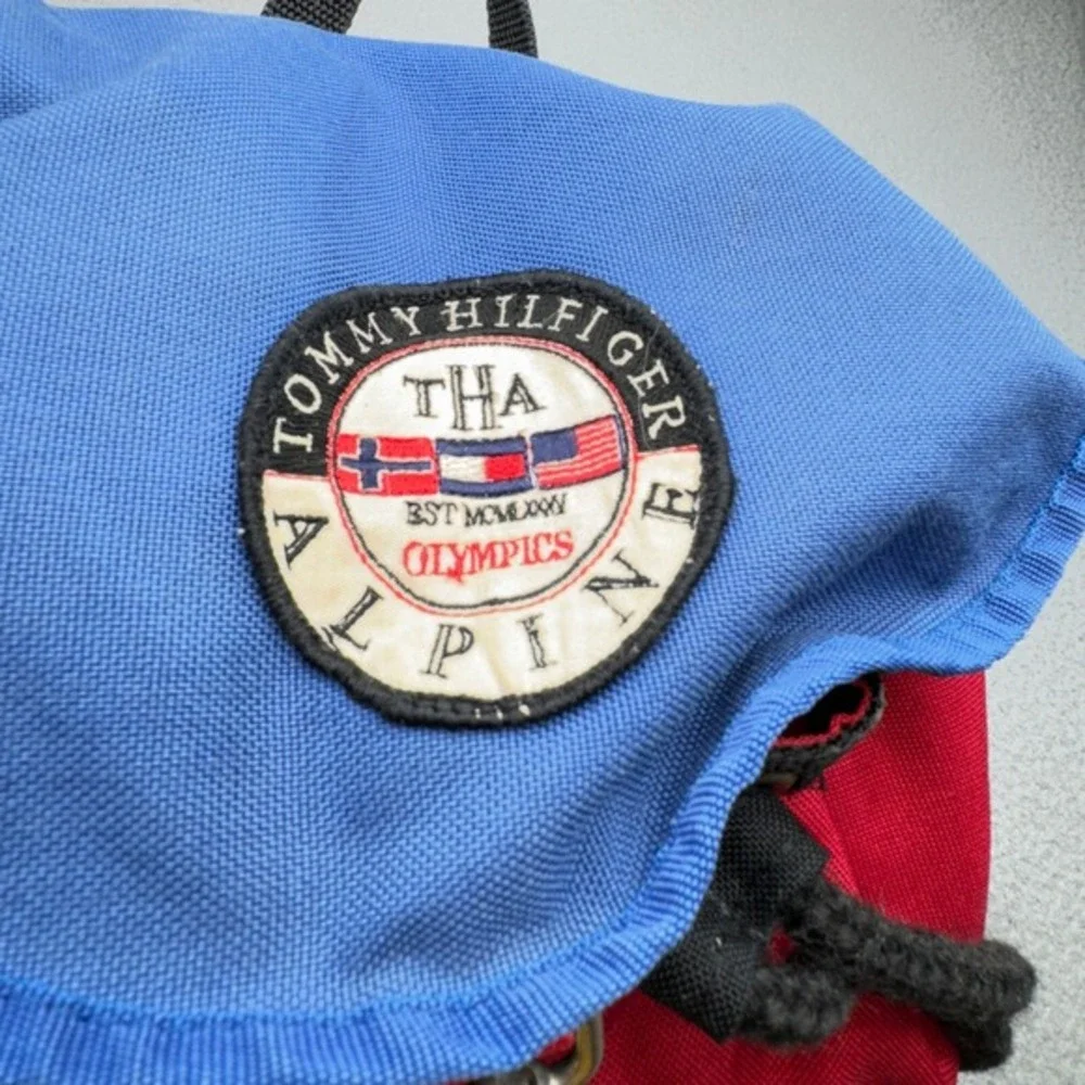VINTAGE Tommy Hilfiger Backpack Red Blue 90s Alpine Olympics Patch‎ Cinch Canvas
